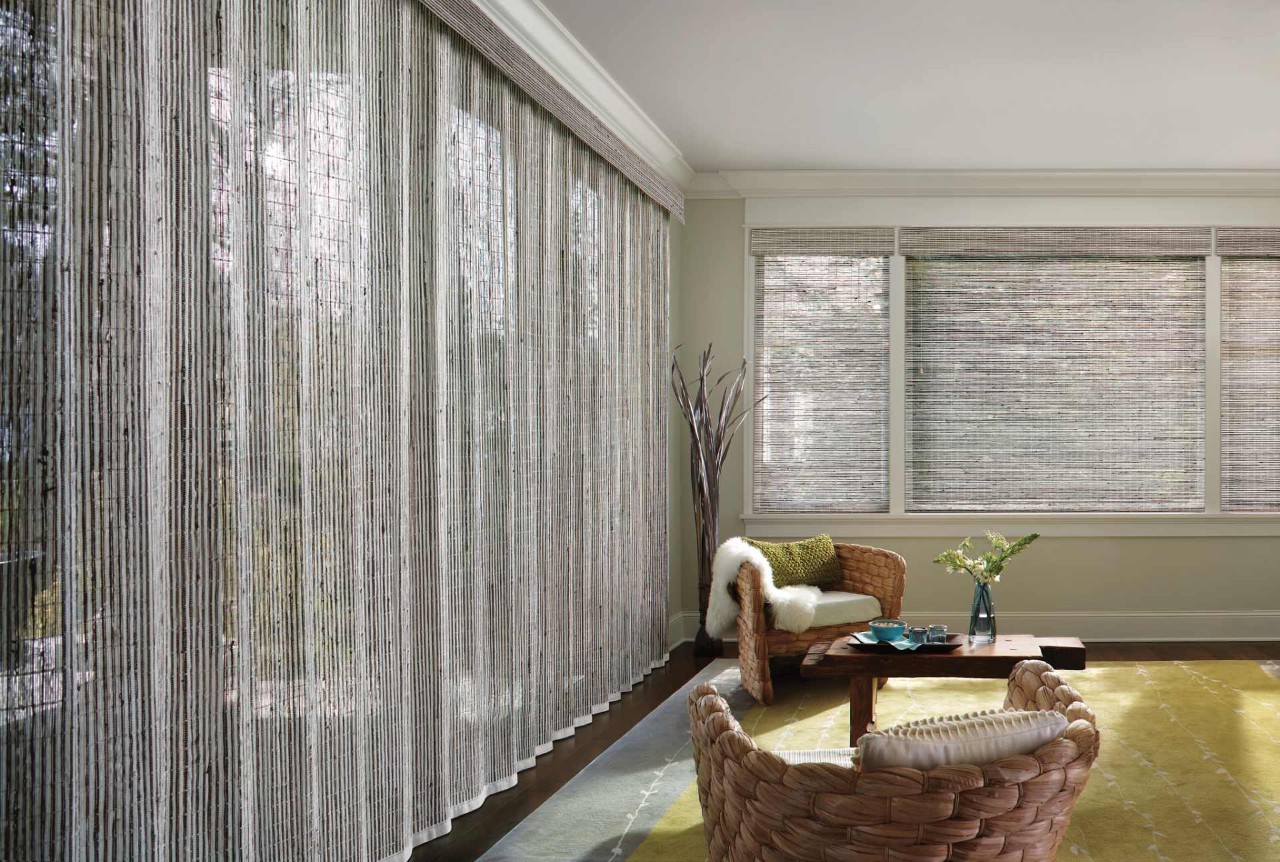 Hunter Douglas Provenance® Woven Wood Shades in a family room near Jackson, Wyoming (WY)
